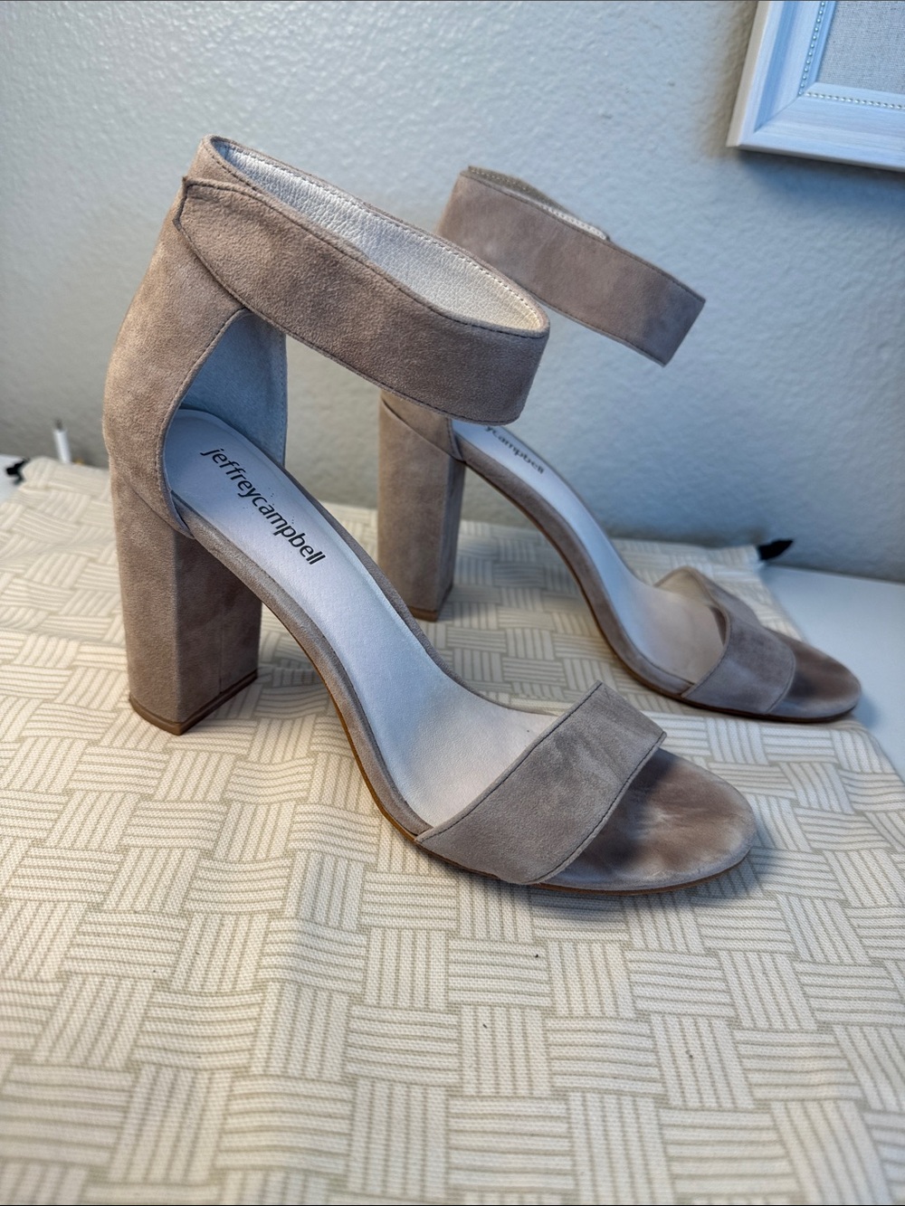 Jeffrey Campbell Light Gray Suede Block Heel Sandals with Ankle Strap